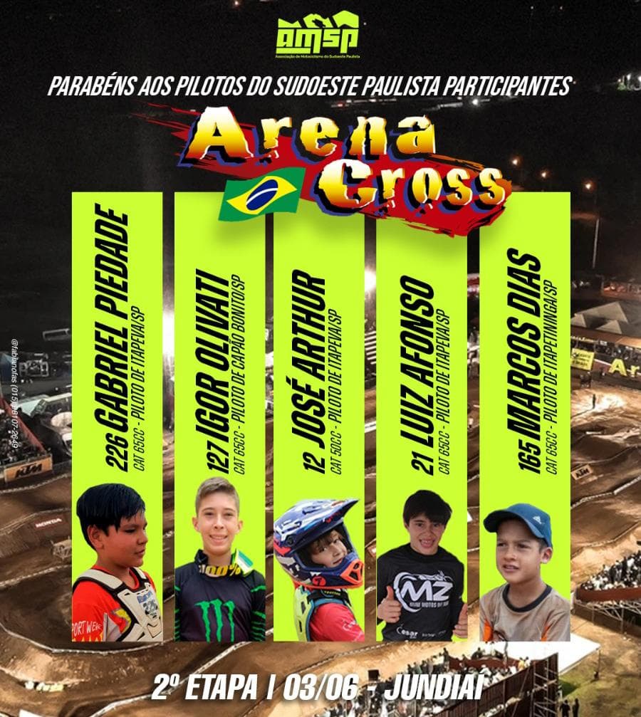 Itapeva, Capão Bonito e Itapetininga são representadas por 5 meninos na 2ª Etapa do Arena Cross, temporada 2023 que acontecerá em Jundiaí/SP