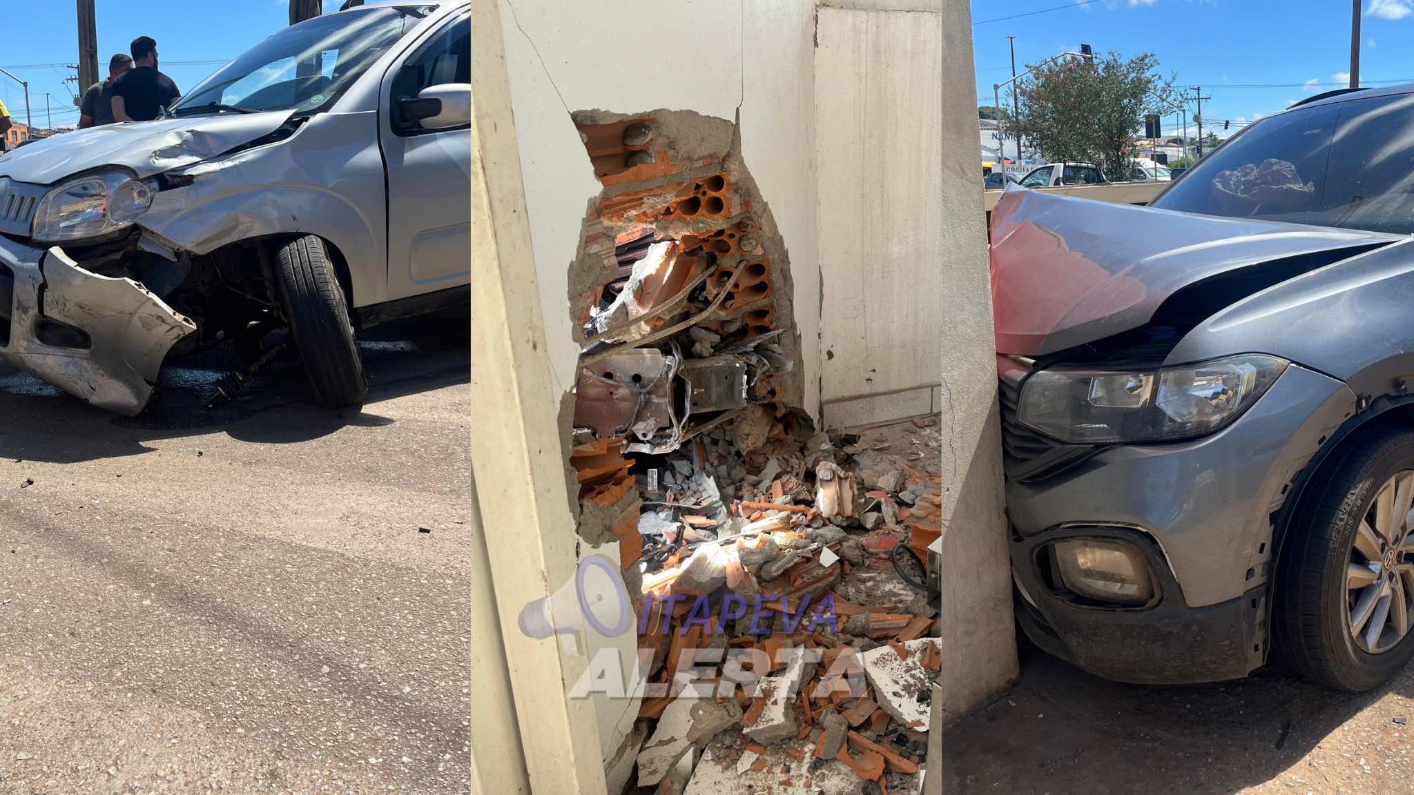 Carro colide com parede de açougue após acidente na rotatória do Jardim Maringá, Itapeva/SP