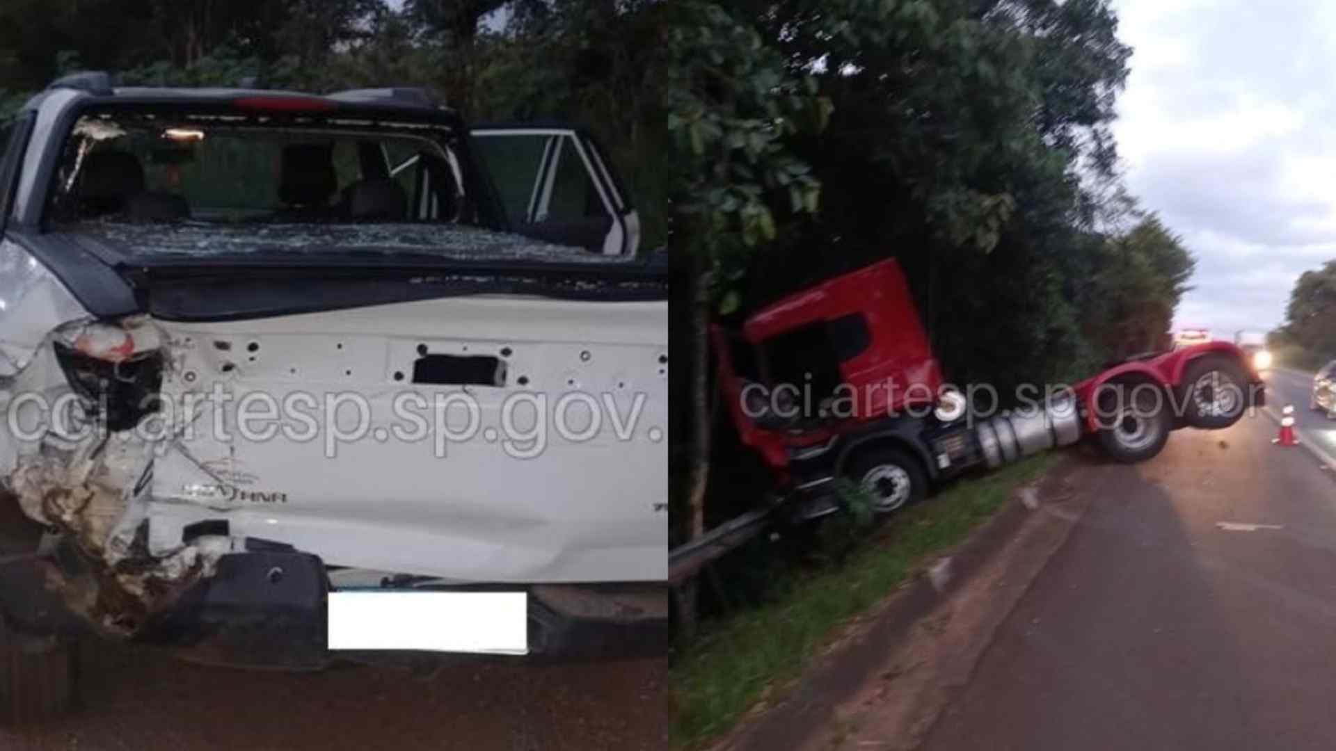 Acidente na SP-258: carreta cai em ribanceira após colisão com caminhonete em Taquarivaí