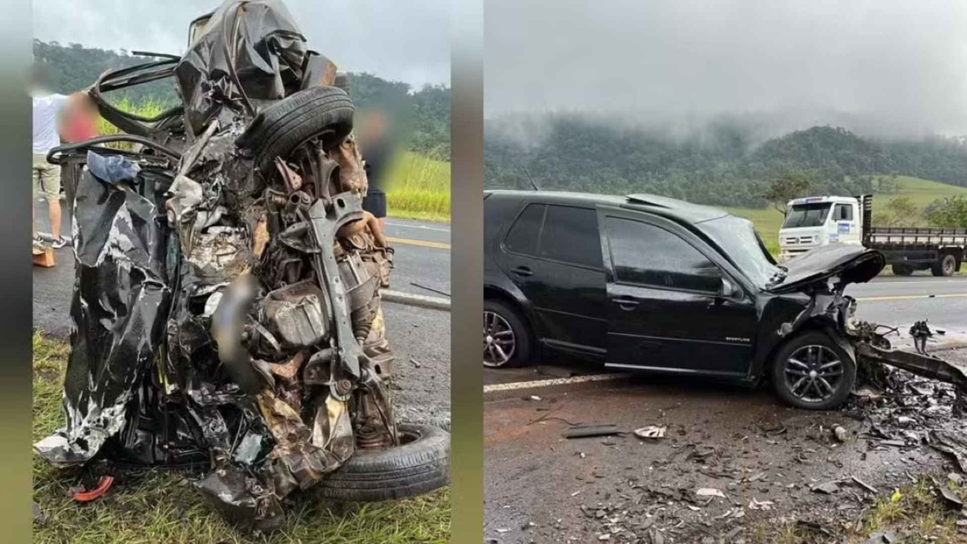 Colisão entre dois carros deixa feridos e carro destruído na SP-287, em Piraju (SP)