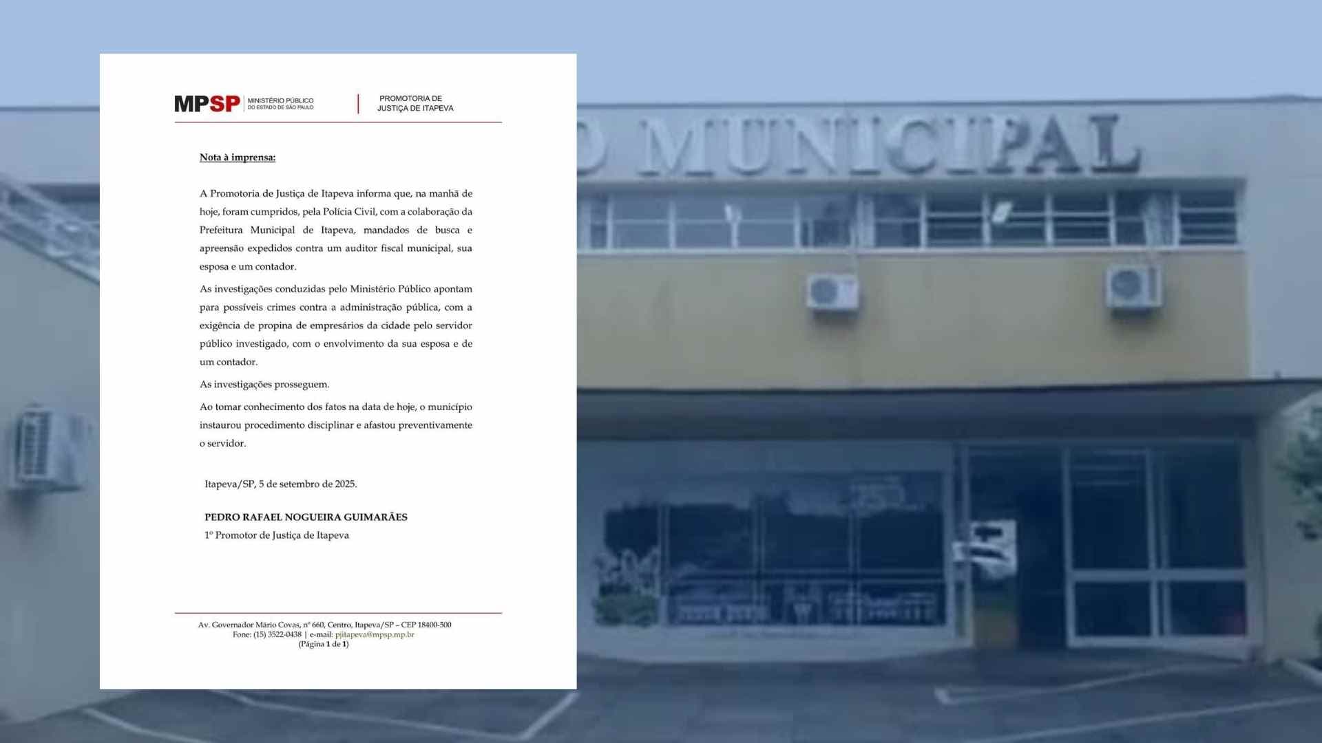 Escândalo em Itapeva: auditor fiscal é alvo de operação por propina e afastado do cargo