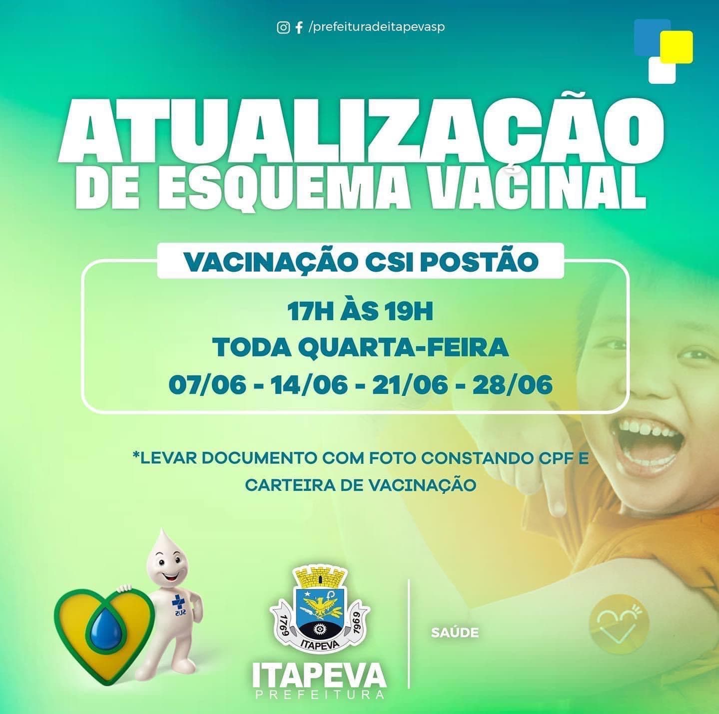 Atualização do esquema vacinal no Postão: Mutirão para imunização ocorrerá todas as quartas-feiras de junho em Itapeva/SP