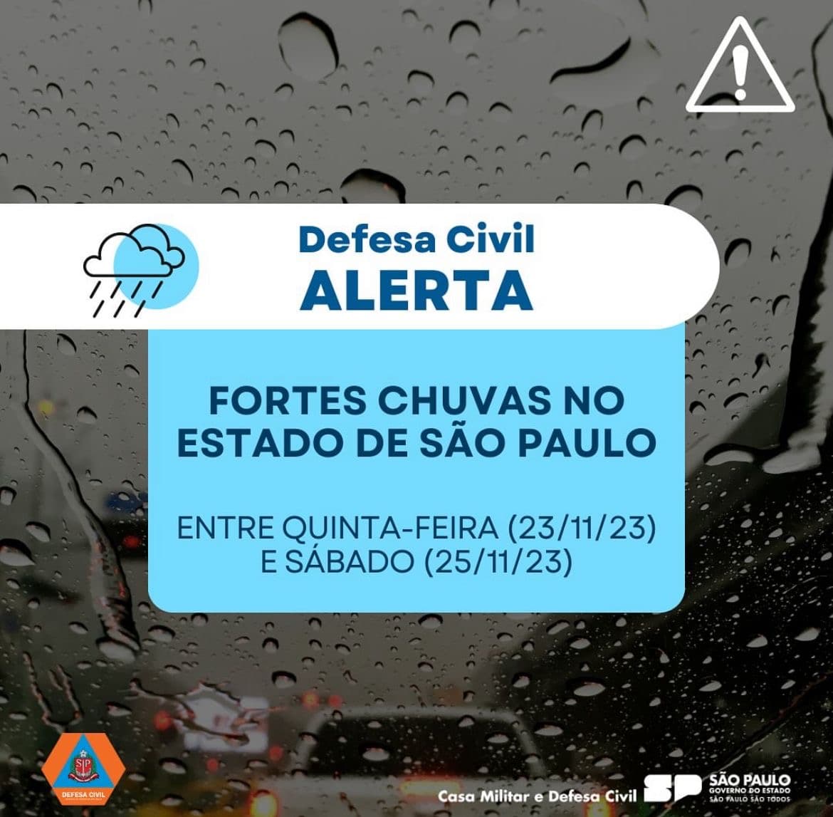 Alerta da Defesa Civil de São Paulo: Em Itapeva, chuva forte entre 100mm e 120mm